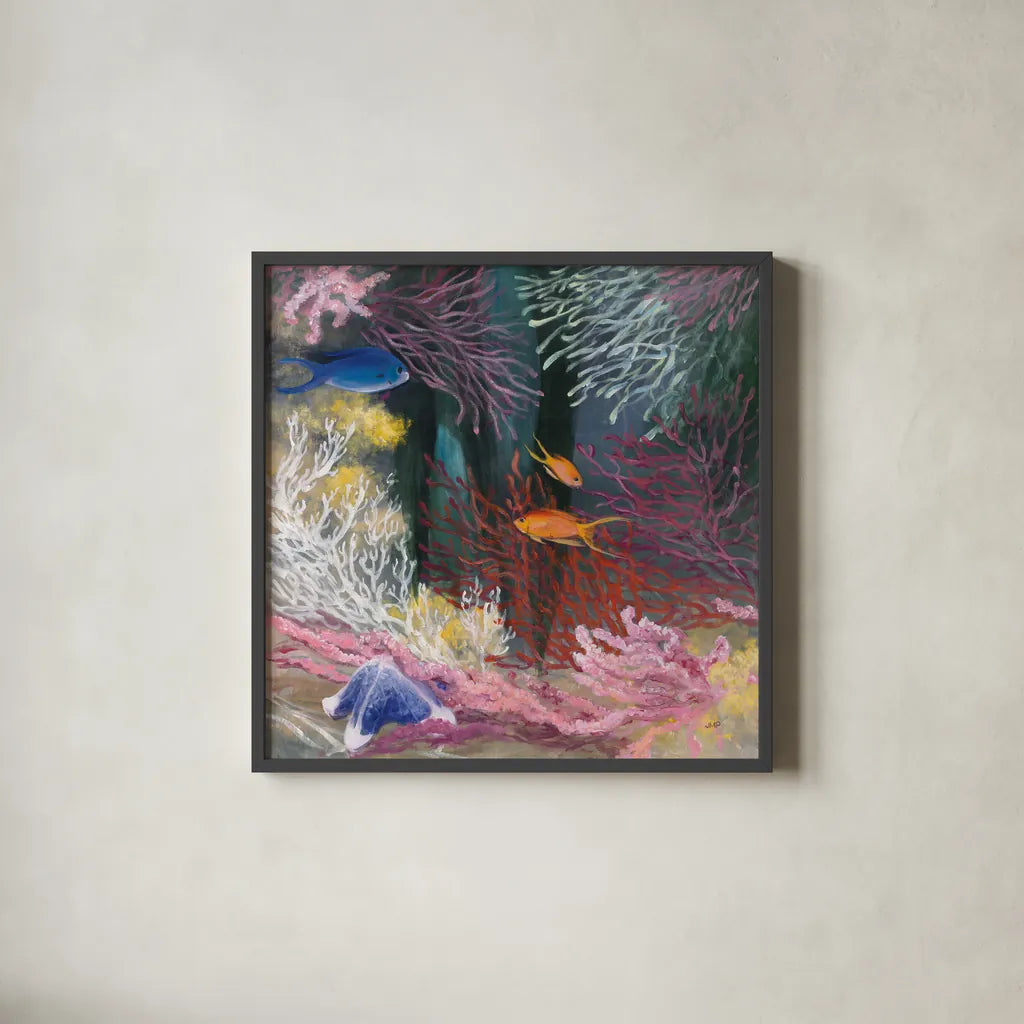 Coastal Reef I by Julia Purinton. Shown in a sleek black glass frame for a contemporary gallery look. Available as an archival giclee rolled canvas, fine art paper, or poster print. SKU 66556a.