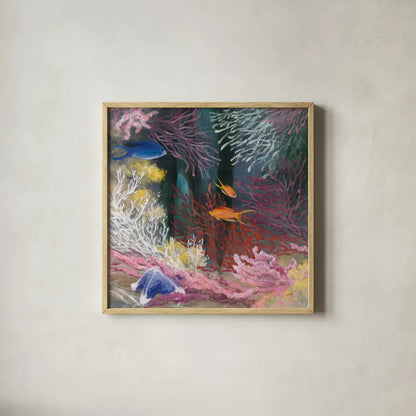 Coastal Reef I by Julia Purinton. Shown in a natural wood glass frame for a timeless modern aesthetic. Available as an archival giclee rolled canvas, fine art paper, or poster print. SKU 66556a.