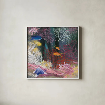 Coastal Reef I by Julia Purinton. Shown in a crisp white glass frame for a clean and minimalist style. Available as an archival giclee rolled canvas, fine art paper, or poster print. SKU 66556a.