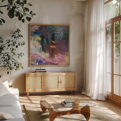 Coastal Reef I by Julia Purinton. Shown in a natural wood frame in a cozy modern living room. Available as an archival giclee rolled canvas, fine art paper, or poster print. SKU 66556a.