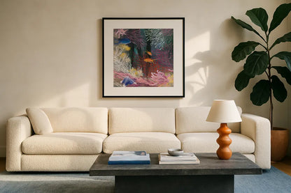 Coastal Reef I by Julia Purinton. Displayed in a glass frame with matte in a clean modern living room. Available as an archival giclee rolled canvas, fine art paper, or poster print. SKU 66556a.