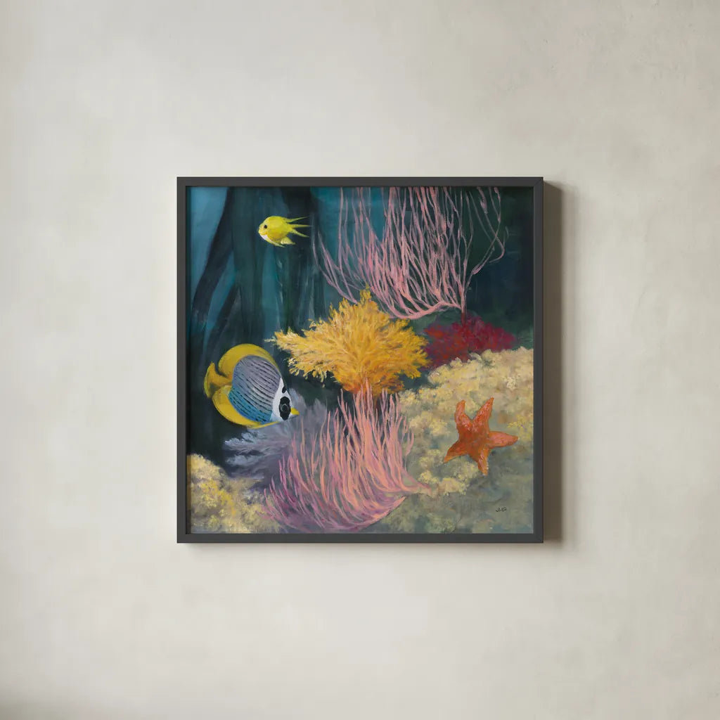 Coastal Reef II by Julia Purinton. Shown in a sleek black glass frame for a contemporary gallery look. Available as an archival giclee rolled canvas, fine art paper, or poster print. SKU 66557a.
