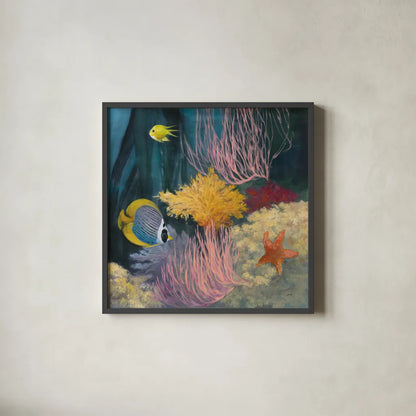 Coastal Reef II by Julia Purinton. Shown in a sleek black glass frame for a contemporary gallery look. Available as an archival giclee rolled canvas, fine art paper, or poster print. SKU 66557a.
