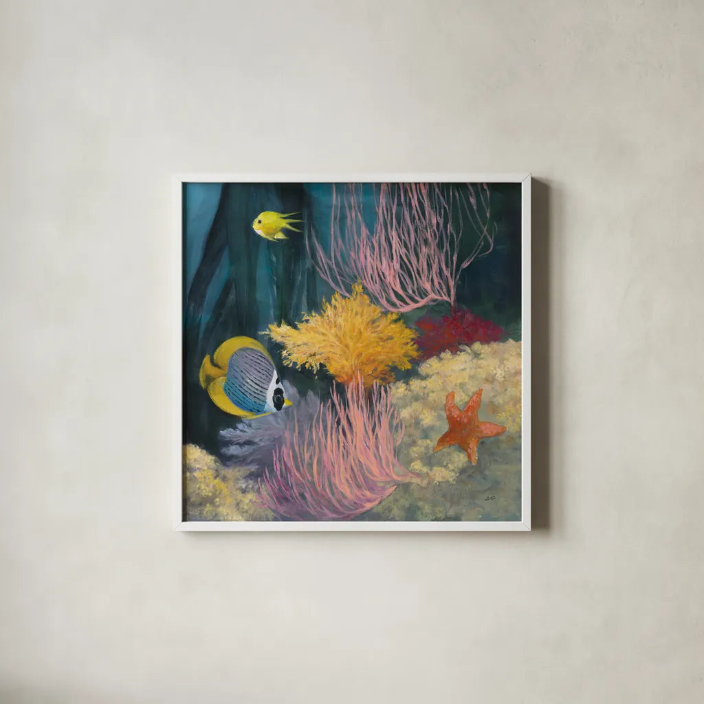 Coastal Reef II by Julia Purinton. Shown in a crisp white glass frame for a clean and minimalist style. Available as an archival giclee rolled canvas, fine art paper, or poster print. SKU 66557a.