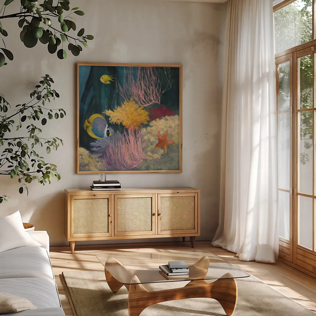 Coastal Reef II by Julia Purinton. Shown in a natural wood frame in a cozy modern living room. Available as an archival giclee rolled canvas, fine art paper, or poster print. SKU 66557a.