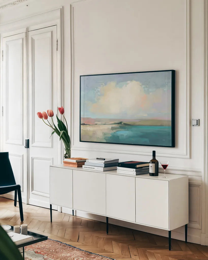 Coastal Sky by Julia Purinton. shown as a framed stretched canvas in a living room above a console. Available as a archival giclee rolled canvas, fine art paper, or poster print. SKU 56319i.