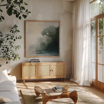 Coastal Solitude by Julia Purinton. Shown in a natural wood frame in a cozy modern living room. Available as an archival giclee rolled canvas, fine art paper, or poster print. SKU 73242a.