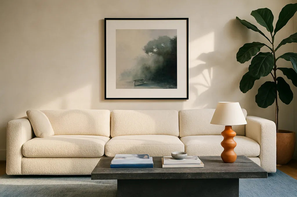 Coastal Solitude by Julia Purinton. Displayed in a glass frame with matte in a clean modern living room. Available as an archival giclee rolled canvas, fine art paper, or poster print. SKU 73242a.