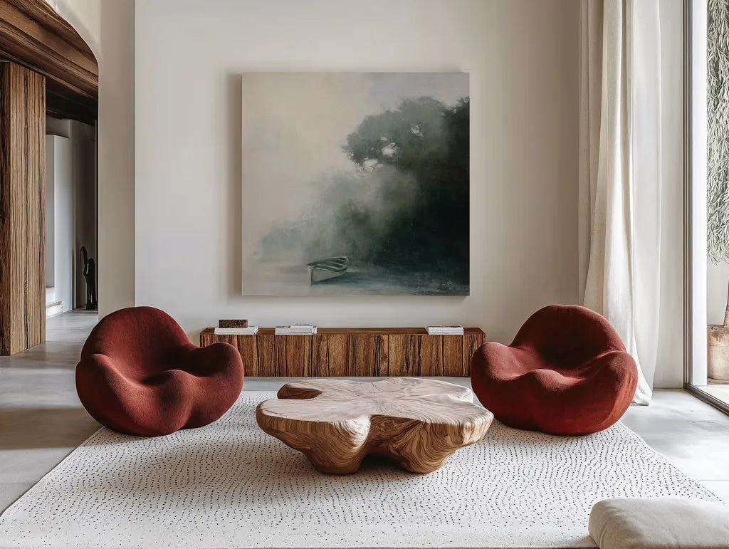 Coastal Solitude by Julia Purinton. Shown as extra-large giant wall art in a modern living room. Available as an archival giclee rolled canvas, fine art paper, or poster print. SKU 73242a.