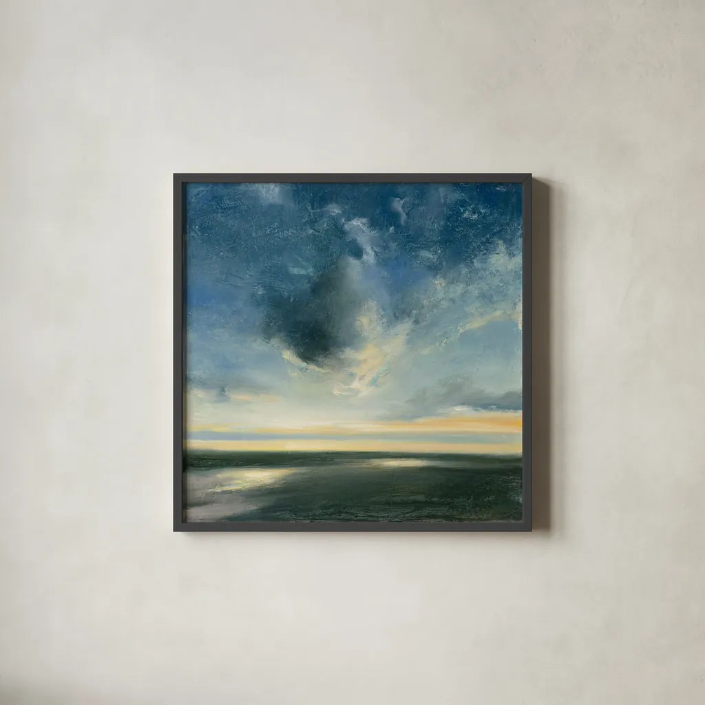 Coastal Sunrise by Julia Purinton. Shown in a sleek black glass frame for a contemporary gallery look. Available as an archival giclee rolled canvas, fine art paper, or poster print. SKU 45449a.