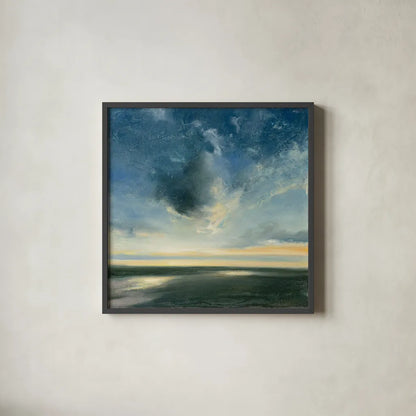 Coastal Sunrise by Julia Purinton. Shown in a sleek black glass frame for a contemporary gallery look. Available as an archival giclee rolled canvas, fine art paper, or poster print. SKU 45449a.