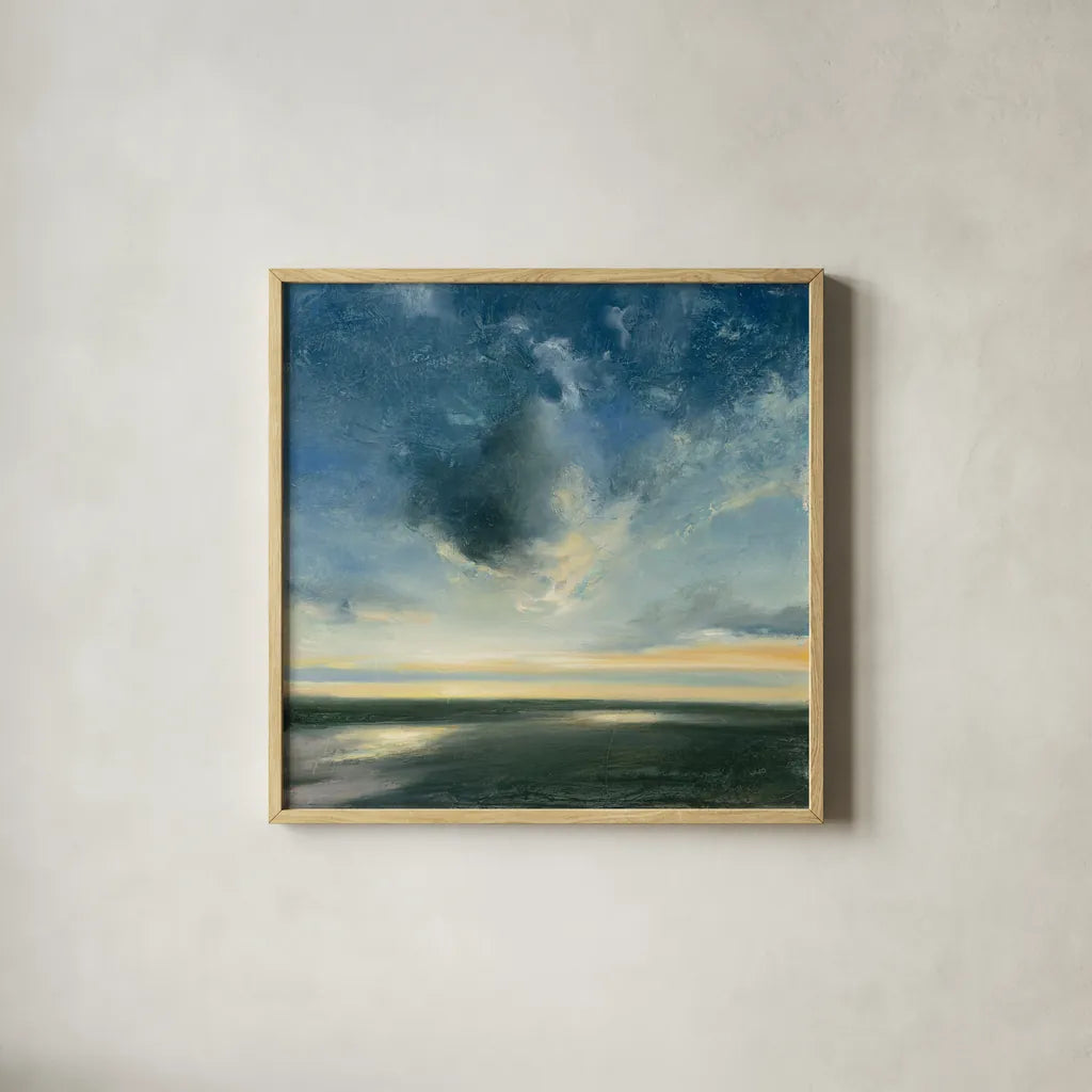 Coastal Sunrise by Julia Purinton. Shown in a natural wood glass frame for a timeless modern aesthetic. Available as an archival giclee rolled canvas, fine art paper, or poster print. SKU 45449a.