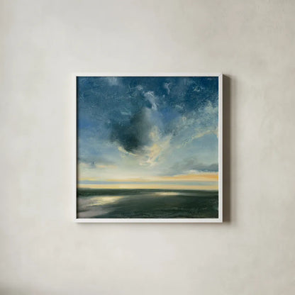 Coastal Sunrise by Julia Purinton. Shown in a crisp white glass frame for a clean and minimalist style. Available as an archival giclee rolled canvas, fine art paper, or poster print. SKU 45449a.