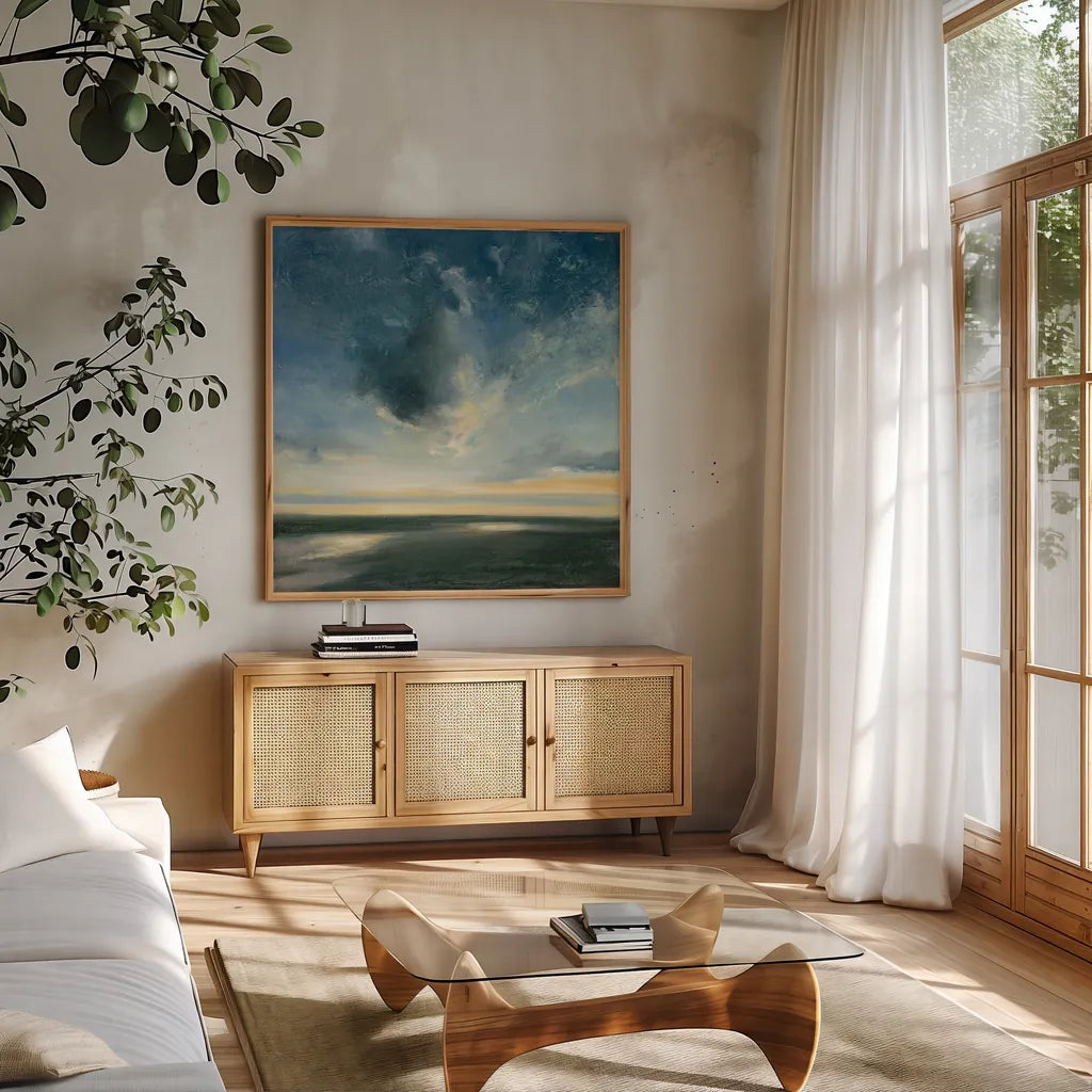 Coastal Sunrise by Julia Purinton. Shown in a natural wood frame in a cozy modern living room. Available as an archival giclee rolled canvas, fine art paper, or poster print. SKU 45449a.