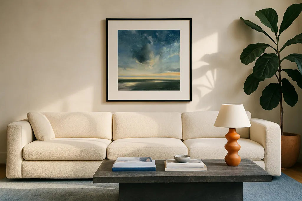 Coastal Sunrise by Julia Purinton. Displayed in a glass frame with matte in a clean modern living room. Available as an archival giclee rolled canvas, fine art paper, or poster print. SKU 45449a.
