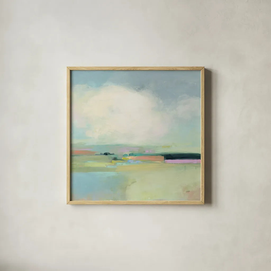 Colorful Horizon I by Julia Purinton. Shown in a natural wood glass frame for a timeless modern aesthetic. Available as an archival giclee rolled canvas, fine art paper, or poster print. SKU 57176a.