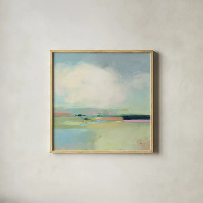 Colorful Horizon I by Julia Purinton. Shown in a natural wood glass frame for a timeless modern aesthetic. Available as an archival giclee rolled canvas, fine art paper, or poster print. SKU 57176a.