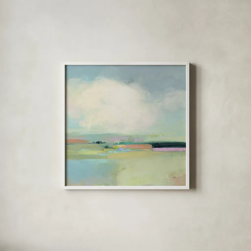 Colorful Horizon I by Julia Purinton. Shown in a crisp white glass frame for a clean and minimalist style. Available as an archival giclee rolled canvas, fine art paper, or poster print. SKU 57176a.