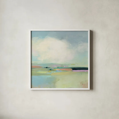 Colorful Horizon I by Julia Purinton. Shown in a crisp white glass frame for a clean and minimalist style. Available as an archival giclee rolled canvas, fine art paper, or poster print. SKU 57176a.