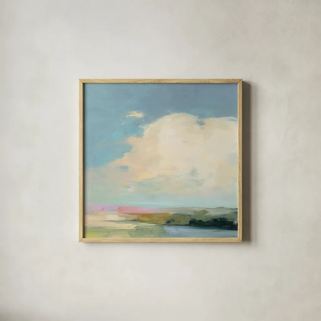 Colorful Horizon II by Julia Purinton. Shown in a natural wood glass frame for a timeless modern aesthetic. Available as an archival giclee rolled canvas, fine art paper, or poster print. SKU 57177a.