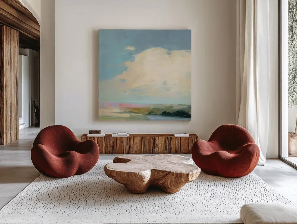 Colorful Horizon II by Julia Purinton. Shown as extra-large giant wall art in a modern living room. Available as an archival giclee rolled canvas, fine art paper, or poster print. SKU 57177a.