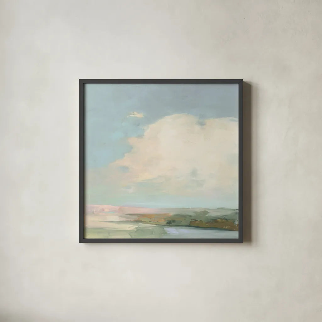 Colorful Horizon II Blue by Julia Purinton. Shown in a sleek black glass frame for a contemporary gallery look. Available as an archival giclee rolled canvas, fine art paper, or poster print. SKU 82364a.