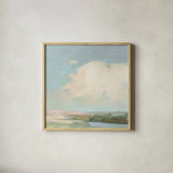 Colorful Horizon II Blue by Julia Purinton. Shown in a natural wood glass frame for a timeless modern aesthetic. Available as an archival giclee rolled canvas, fine art paper, or poster print. SKU 82364a.