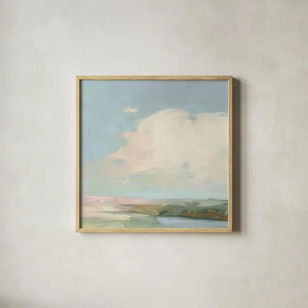 Colorful Horizon II Blue by Julia Purinton. Shown in a natural wood glass frame for a timeless modern aesthetic. Available as an archival giclee rolled canvas, fine art paper, or poster print. SKU 82364a.