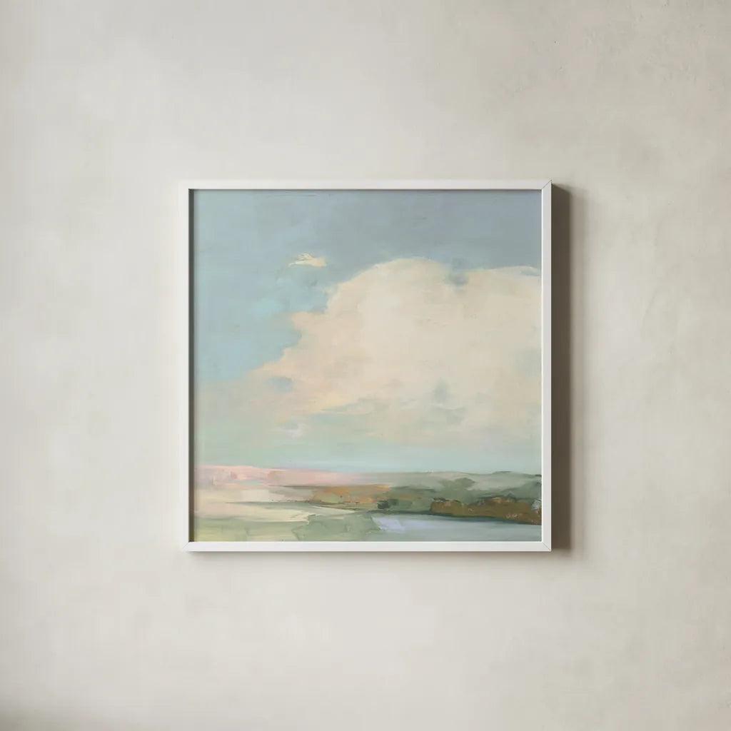 Colorful Horizon II Blue by Julia Purinton. Shown in a crisp white glass frame for a clean and minimalist style. Available as an archival giclee rolled canvas, fine art paper, or poster print. SKU 82364a.