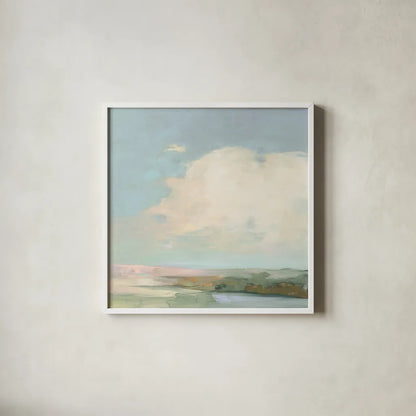 Colorful Horizon II Blue by Julia Purinton. Shown in a crisp white glass frame for a clean and minimalist style. Available as an archival giclee rolled canvas, fine art paper, or poster print. SKU 82364a.