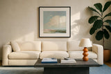 Colorful Horizon II Blue by Julia Purinton. Displayed in a glass frame with matte in a clean modern living room. Available as an archival giclee rolled canvas, fine art paper, or poster print. SKU 82364a.