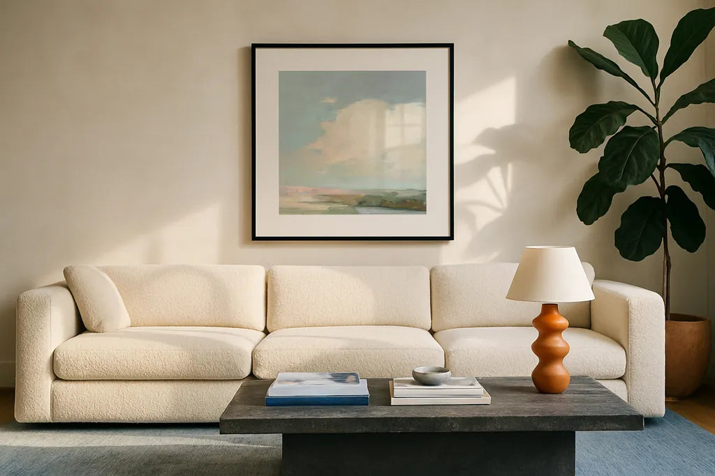Colorful Horizon II Blue by Julia Purinton. Displayed in a glass frame with matte in a clean modern living room. Available as an archival giclee rolled canvas, fine art paper, or poster print. SKU 82364a.