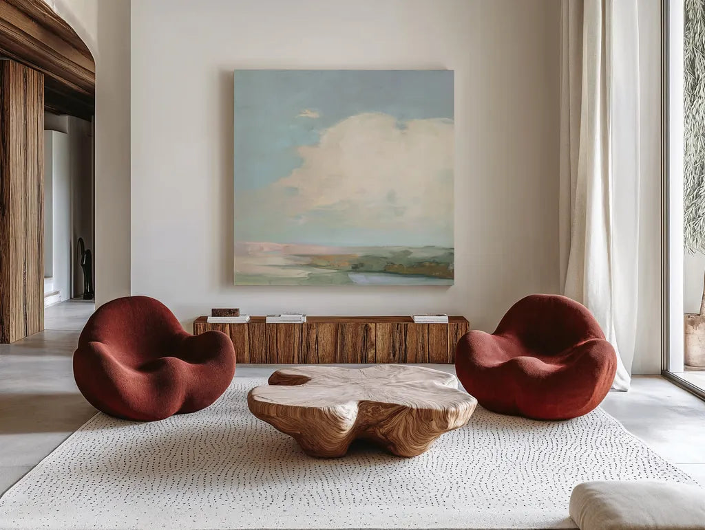 Colorful Horizon II Blue by Julia Purinton. Shown as extra-large giant wall art in a modern living room. Available as an archival giclee rolled canvas, fine art paper, or poster print. SKU 82364a.