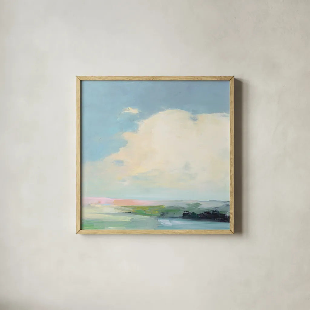 Colorful Horizon II Bright by Julia Purinton. Shown in a natural wood glass frame for a timeless modern aesthetic. Available as an archival giclee rolled canvas, fine art paper, or poster print. SKU 68955a.