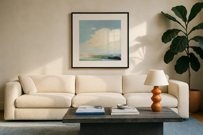 Colorful Horizon II Bright by Julia Purinton. Displayed in a glass frame with matte in a clean modern living room. Available as an archival giclee rolled canvas, fine art paper, or poster print. SKU 68955a.