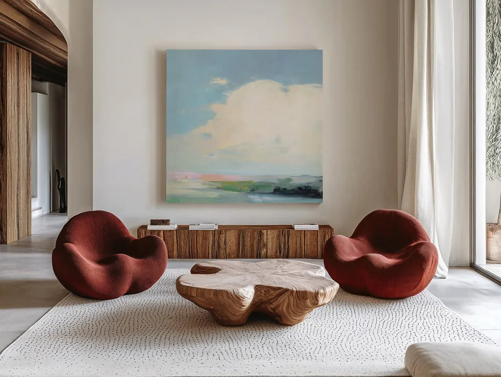 Colorful Horizon II Bright by Julia Purinton. Shown as extra-large giant wall art in a modern living room. Available as an archival giclee rolled canvas, fine art paper, or poster print. SKU 68955a.
