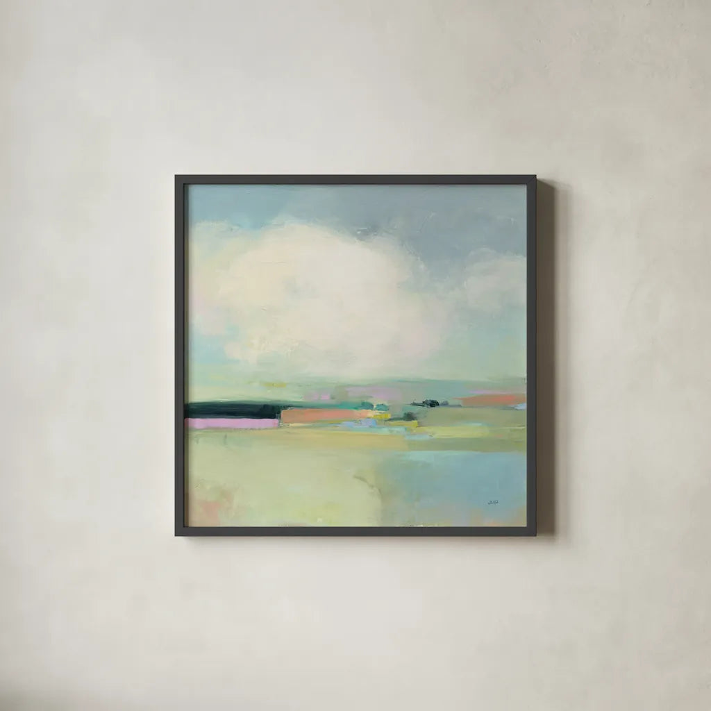 Colorful Landscape by Julia Purinton. Shown in a sleek black glass frame for a contemporary gallery look. Available as an archival giclee rolled canvas, fine art paper, or poster print. SKU 70491a.