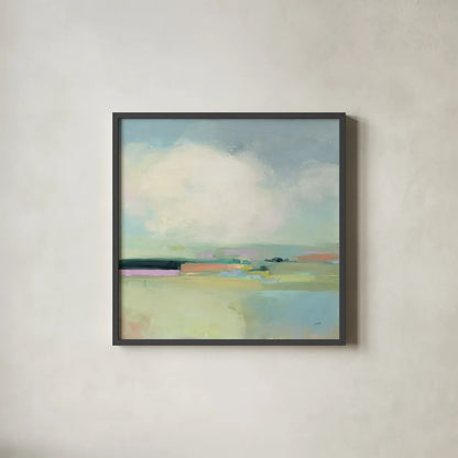Colorful Landscape by Julia Purinton. Shown in a sleek black glass frame for a contemporary gallery look. Available as an archival giclee rolled canvas, fine art paper, or poster print. SKU 70491a.