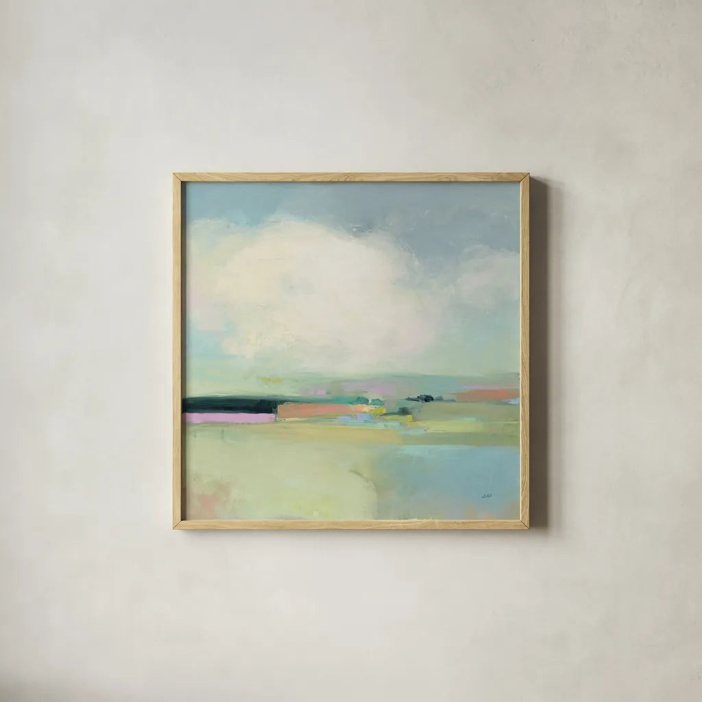 Colorful Landscape by Julia Purinton. Shown in a natural wood glass frame for a timeless modern aesthetic. Available as an archival giclee rolled canvas, fine art paper, or poster print. SKU 70491a.
