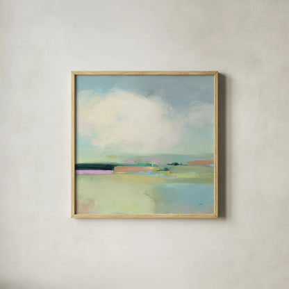 Colorful Landscape by Julia Purinton. Shown in a natural wood glass frame for a timeless modern aesthetic. Available as an archival giclee rolled canvas, fine art paper, or poster print. SKU 70491a.
