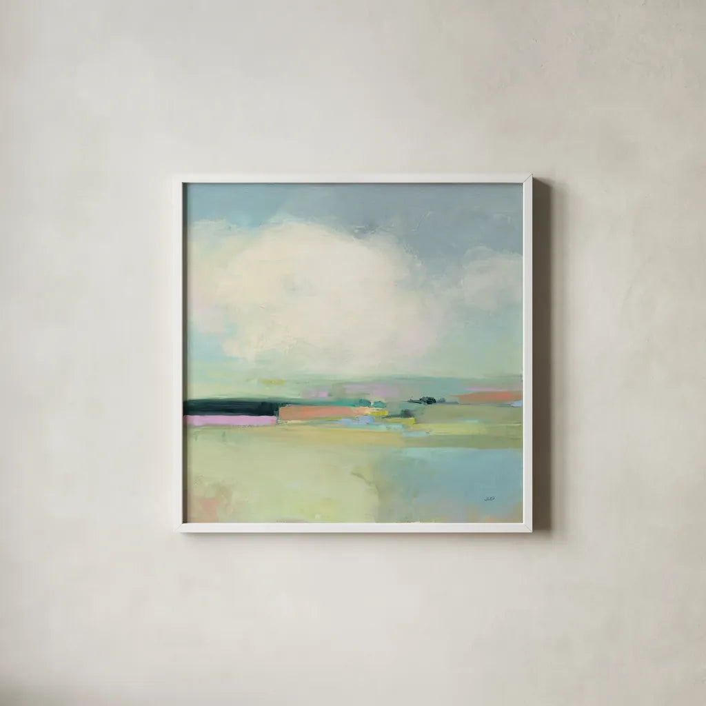 Colorful Landscape by Julia Purinton. Shown in a crisp white glass frame for a clean and minimalist style. Available as an archival giclee rolled canvas, fine art paper, or poster print. SKU 70491a.