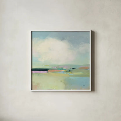 Colorful Landscape by Julia Purinton. Shown in a crisp white glass frame for a clean and minimalist style. Available as an archival giclee rolled canvas, fine art paper, or poster print. SKU 70491a.