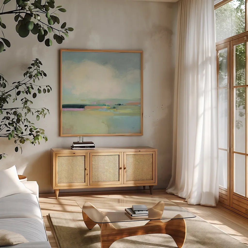 Colorful Landscape by Julia Purinton. Shown in a natural wood frame in a cozy modern living room. Available as an archival giclee rolled canvas, fine art paper, or poster print. SKU 70491a.