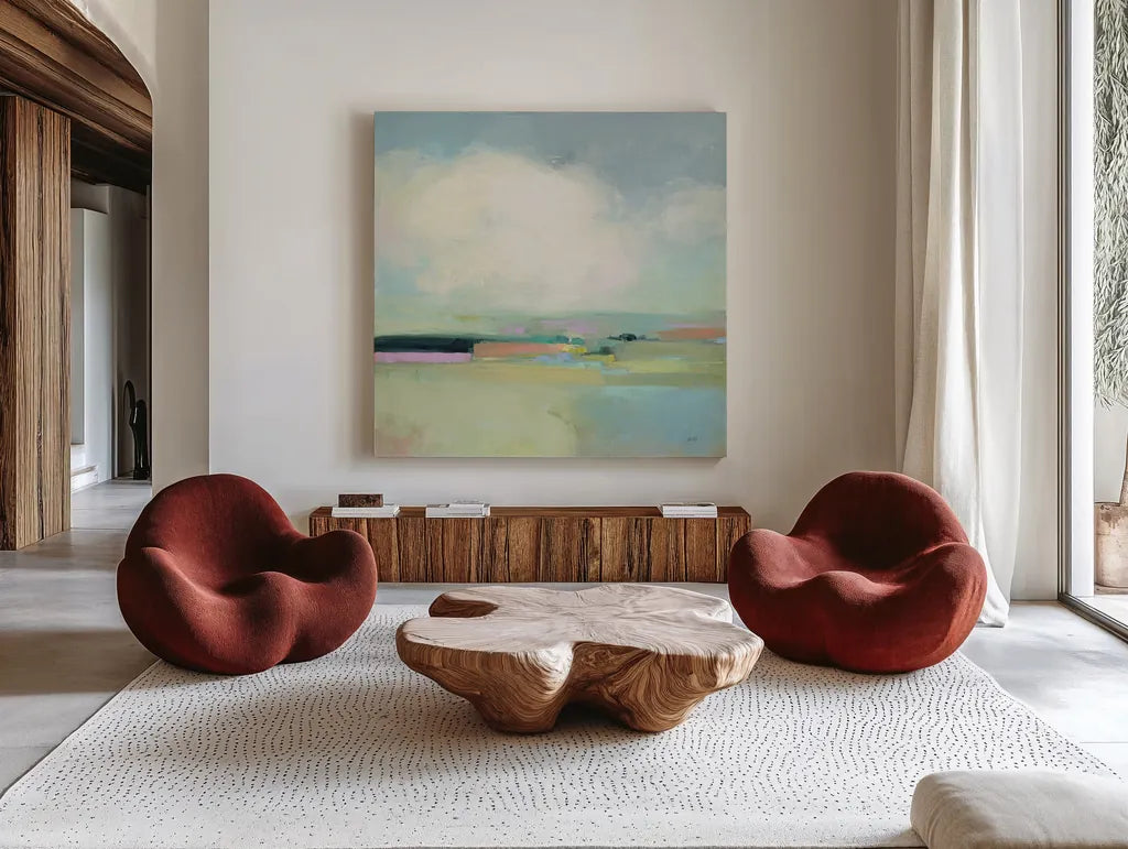Colorful Landscape by Julia Purinton. Shown as extra-large giant wall art in a modern living room. Available as an archival giclee rolled canvas, fine art paper, or poster print. SKU 70491a.