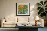 Confetti I by Julia Purinton. Displayed in a glass frame with matte in a clean modern living room. Available as an archival giclee rolled canvas, fine art paper, or poster print. SKU 13482a.
