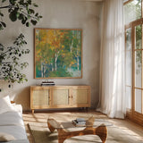 Confetti I by Julia Purinton. Shown in a natural wood frame in a cozy modern living room. Available as an archival giclee rolled canvas, fine art paper, or poster print. SKU 15826a.
