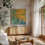 Confetti II by Julia Purinton. Shown in a natural wood frame in a cozy modern living room. Available as an archival giclee rolled canvas, fine art paper, or poster print. SKU 13483a.