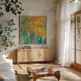 Confetti II by Julia Purinton. Shown in a natural wood frame in a cozy modern living room. Available as an archival giclee rolled canvas, fine art paper, or poster print. SKU 15827a.