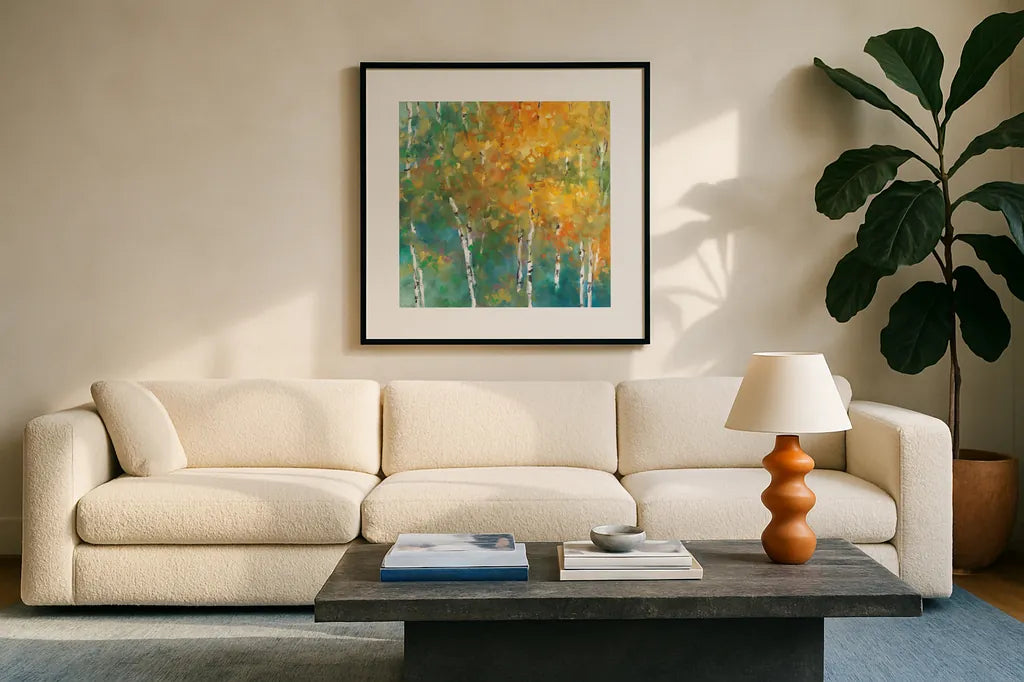 Confetti II by Julia Purinton. Displayed in a glass frame with matte in a clean modern living room. Available as an archival giclee rolled canvas, fine art paper, or poster print. SKU 15827a.