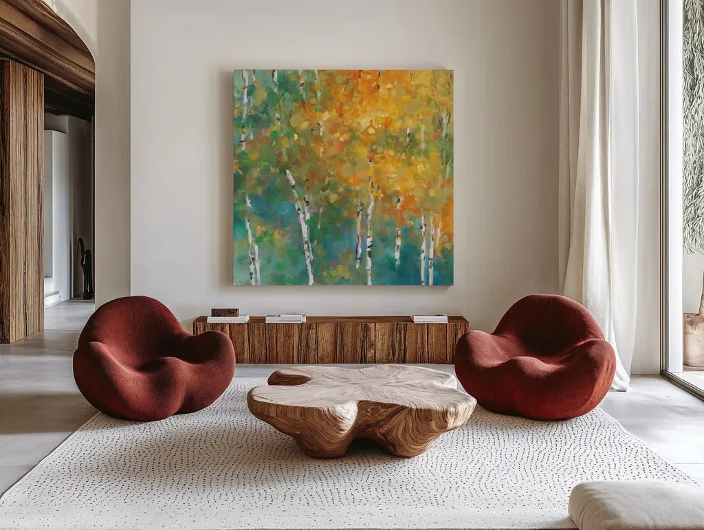Confetti II by Julia Purinton. Shown as extra-large giant wall art in a modern living room. Available as an archival giclee rolled canvas, fine art paper, or poster print. SKU 15827a.